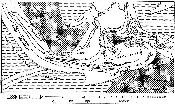 Рис. 1. Главные физико-географические и тектонические черты Индонезии (по Беммелену) 1 - Зондская и Австралийская платформы; 2 - океанические бассейны; 3 - молодая орогеническая зона; 4а - направление Зондских горных цепей (геоантиклинальная дуга); 4б - направление Зондских горных цепей (внешняя дуга); 5 - направление Восточно-Азиатских дуг; 6 - направление дуг Меланезии; 7 - направление дуг Австралийской системы; 8 - внешняя граница Зондской горной системы