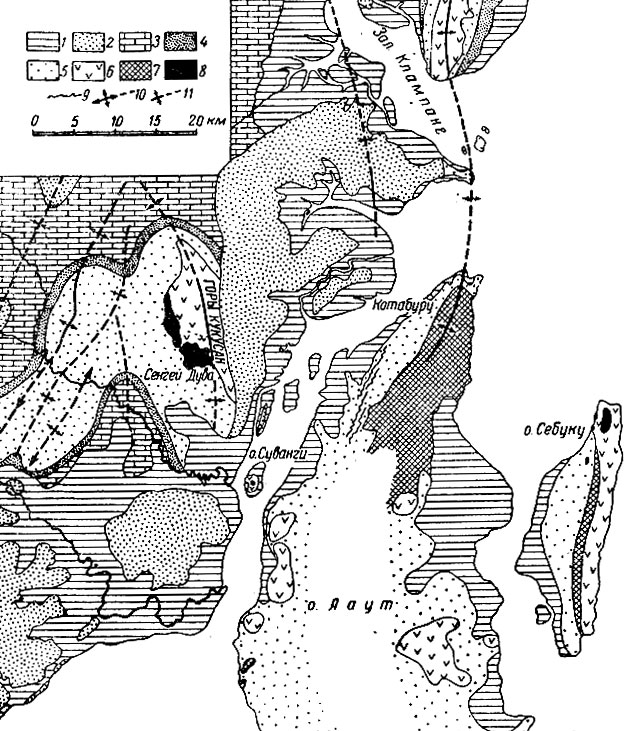Рис. 6. Схематическая геологическая карта месторождений латеритовых железных руд Юго-Восточного Борнео (по Беммелену) 1 - аллювий; 2 - неоген; 3 - верхнетретичные коралловые породы; 4 - олигоцен; 5 - эоцен; 6 - до-третичные отложения; 7 - дотретичные перидотиты и серпентиниты; 8 - железорудные месторождения; 9 - пласты угля; 10 - оси антиклиналей; 11 - оси синклиналей