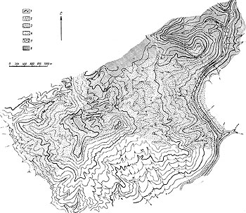 Рис. 3. Геологическая карта вольфрамоносного района Масариенг 1 - кварцевые жилы; 2 - гранит; 3 - мрамор; 4 - песчаники и кварциты; 5 - сланцы и филлиты; 6 - аллювий